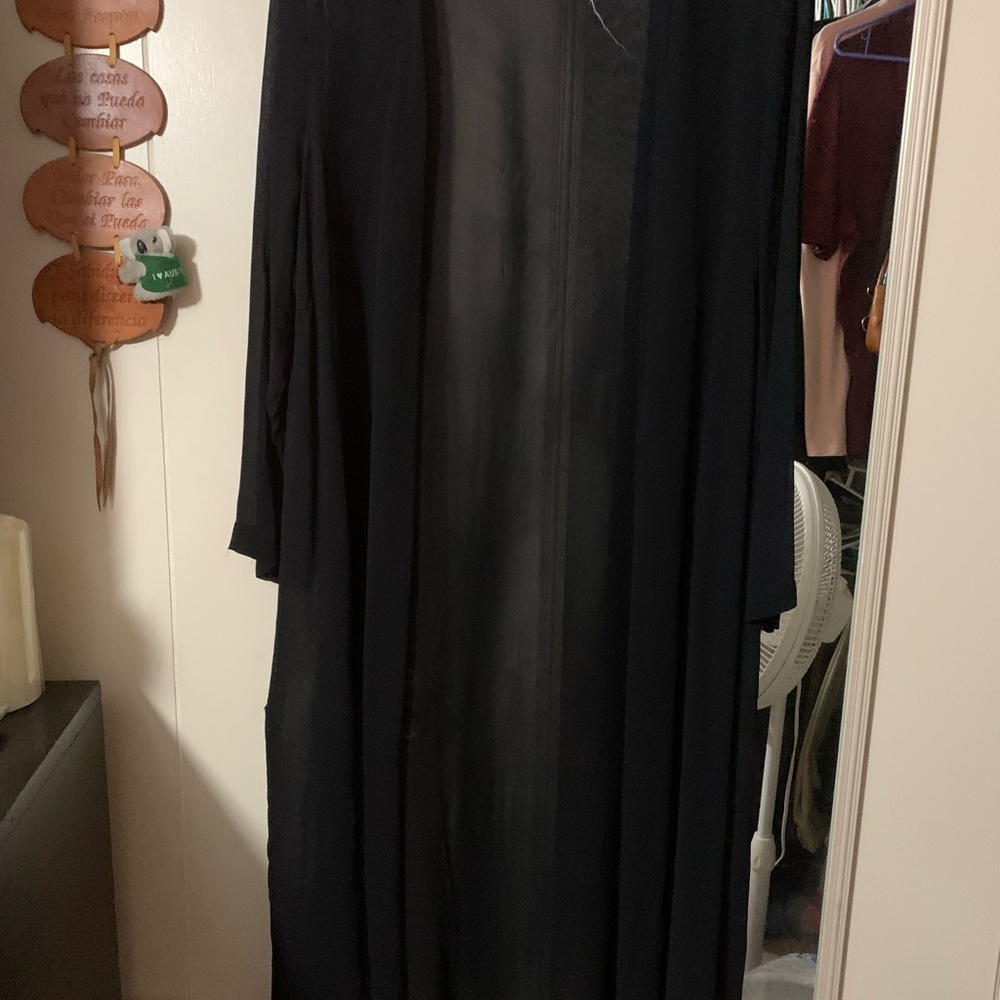 Elegant Black Sheer Long Cardigan silk polyester